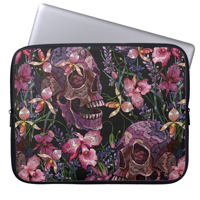 Embroidery human skull and pink orchid flowers pat laptop sleeve (Front)