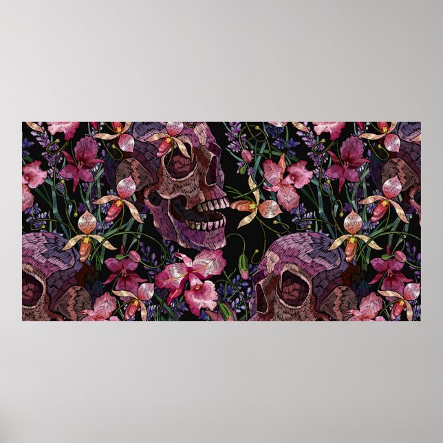 Embroidery human skull and pink orchid flowers pat poster (Front)
