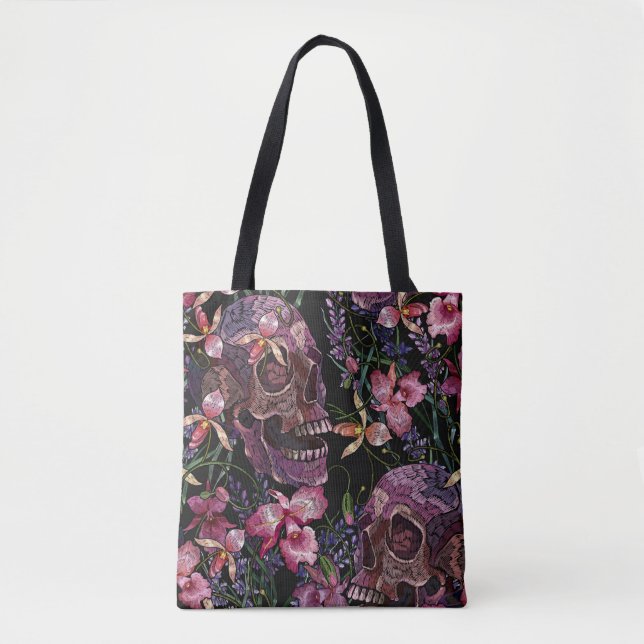 Embroidery human skull and pink orchid flowers pat tote bag (Front)