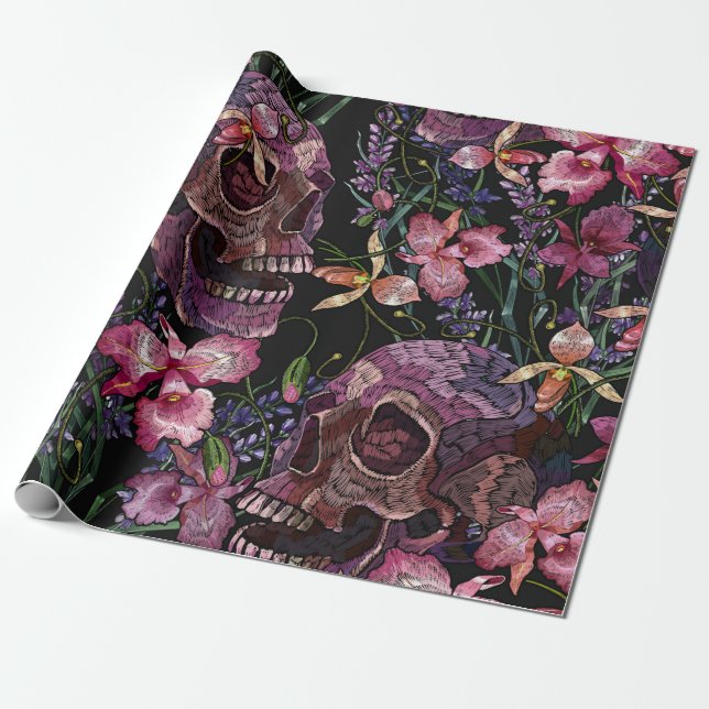 Embroidery human skull and pink orchid flowers pat wrapping paper (Unrolled)