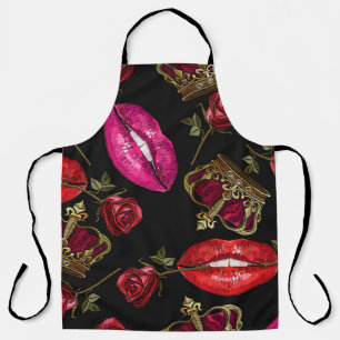 Embroidery lips, roses, crown seamless pattern. apron