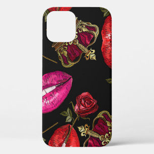 Embroidery lips, roses, crown seamless pattern. iPhone 12 case