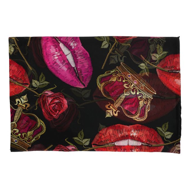Embroidery lips, roses, crown seamless pattern. pillowcase (Front)