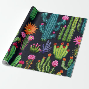 Embroidery-look Cactus and Desert Flowers Wrapping Paper