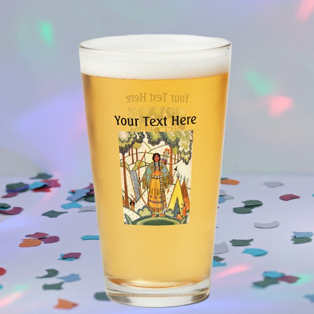 Embroidery Look Native American Woods Tepee Glass (Native American woman in woods tepee embroidery faux texture on glass drink tumbler.)
