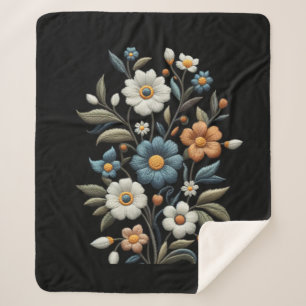Embroidery-look wildflowers black background sherpa blanket