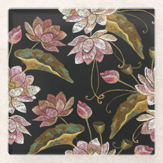 Embroidery Lotus Flowers Seamless Pattern Glass Coaster