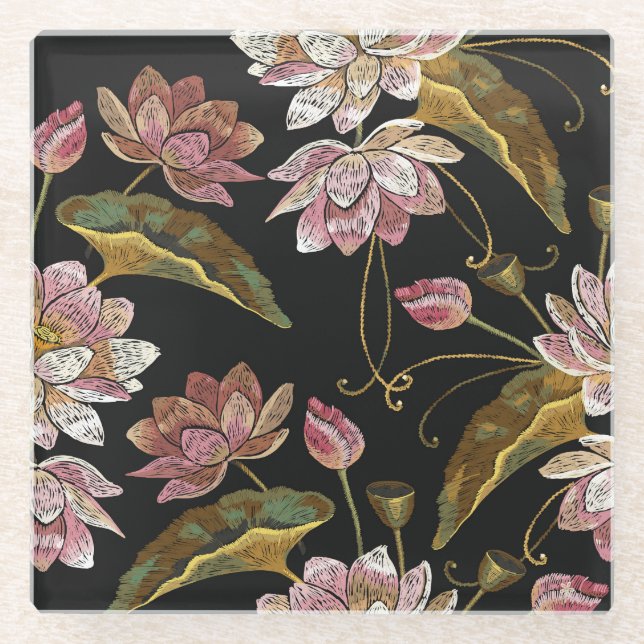 Embroidery Lotus Flowers Seamless Pattern Glass Coaster (Front)