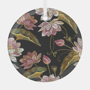 Embroidery Lotus Flowers Seamless Pattern Glass Tree Decoration