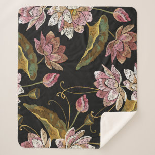 Embroidery Lotus Flowers Seamless Pattern Sherpa Blanket