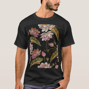 Embroidery Lotus Flowers Seamless Pattern T-Shirt