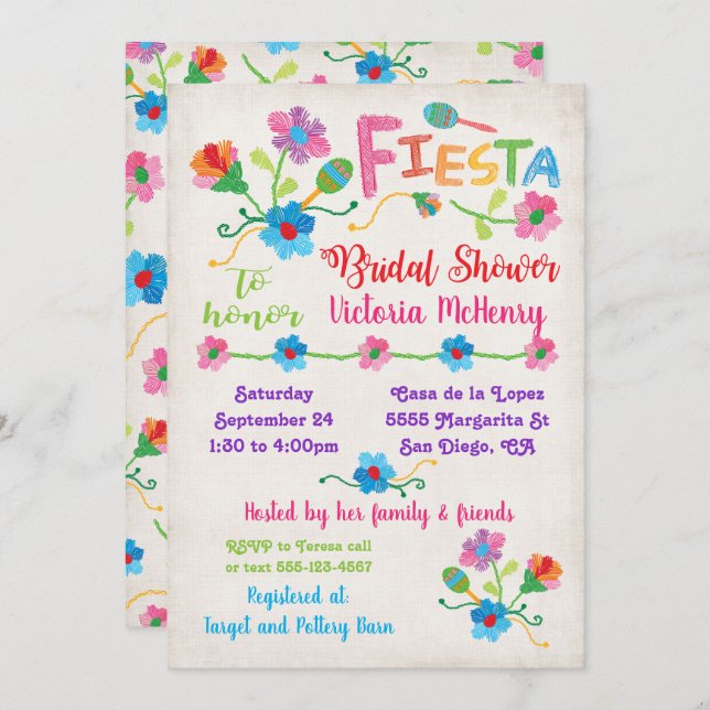 Embroidery Mexican Fiesta Bridal Shower Invitation (Front/Back)