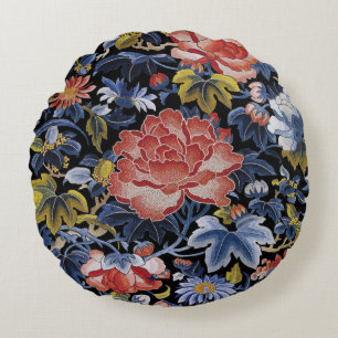 embroidery navy blue coral pink floral peony round cushion
