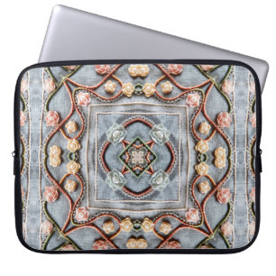 Embroidery pattern with cotton thread lace, pearls laptop sleeve