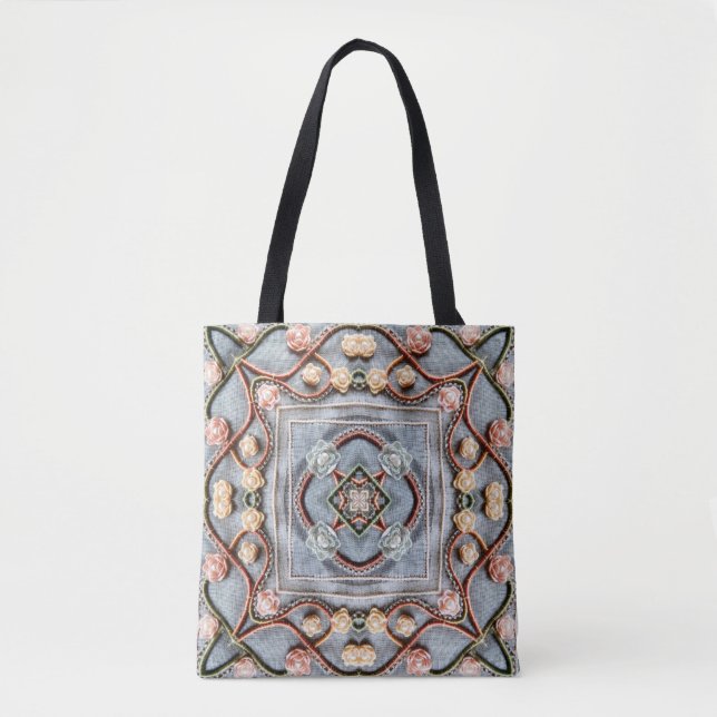 Embroidery pattern with cotton thread lace, pearls tote bag (Front)
