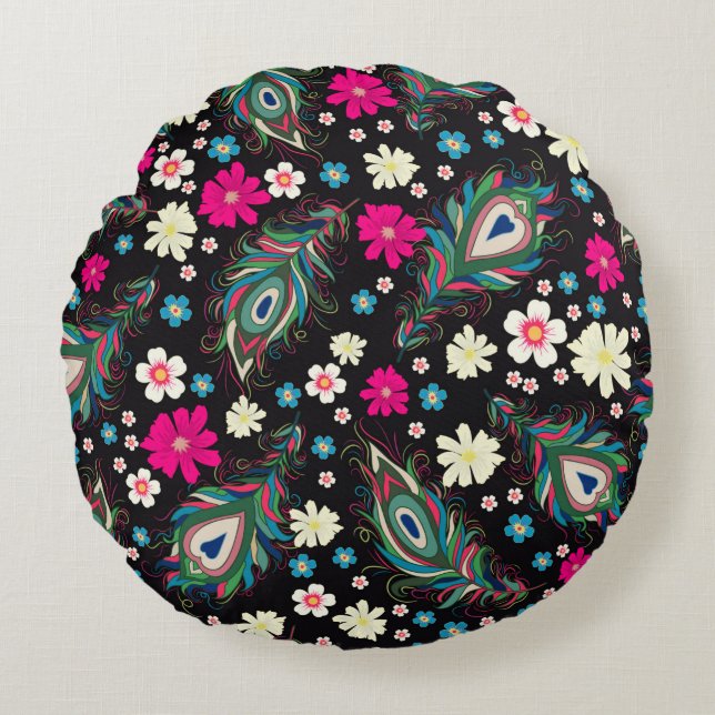 Embroidery peacock feathers seamless pattern. Clas Round Cushion (Front)