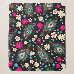 Embroidery peacock feathers seamless pattern. Clas Sherpa Blanket