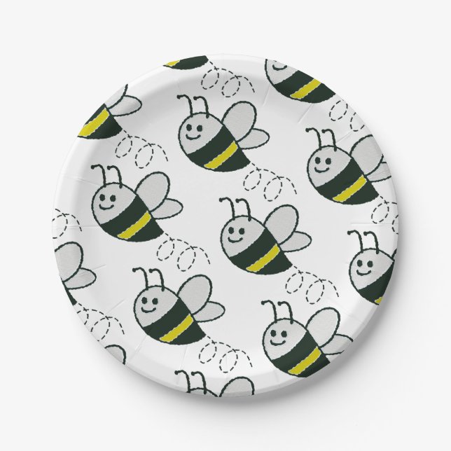 Embroidery Print Cute Bee Baby Shower Paper Plate (Front)
