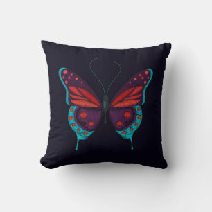 Embroidery Print Red Blue Purple Butterfly Black Cushion