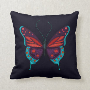 Embroidery Print Red Blue Purple Butterfly Black Cushion