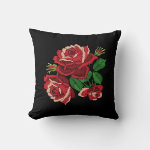 Embroidery Print Red Rose Green Leaves Floral Blue Cushion