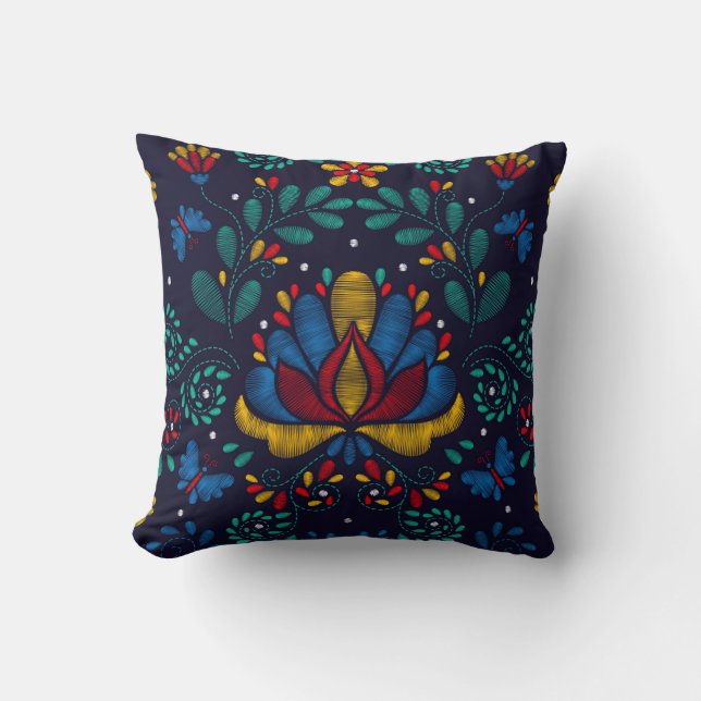 Embroidery Print Traditional Mexican Floral Cushion (Front)