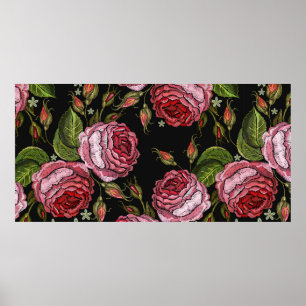 Embroidery red roses vintage seamless pattern. Bea Poster