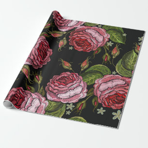 Embroidery red roses vintage seamless pattern. Bea Wrapping Paper