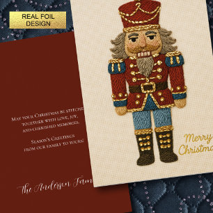 Embroidery Stitchwork of Nutcracker Christmas Foil Holiday Card