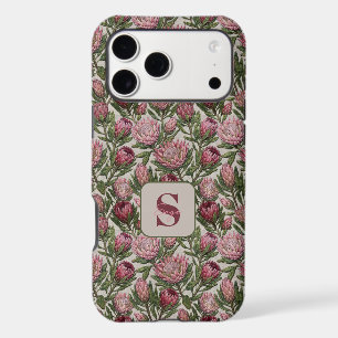 Embroidery Style Pink King Protea Floral Monogram