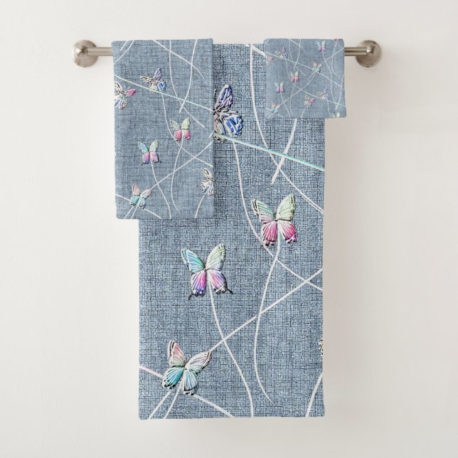 Embroidery Texture Watercolor Butterflies on Blue Bath Towel Set (Insitu)
