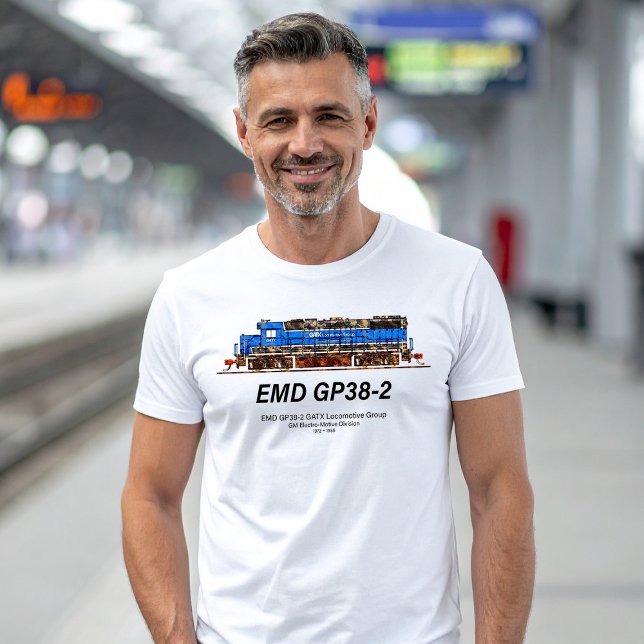 EMD GP38-2 Diesel Locomotive GATX blue and white T-Shirt (EMD GP38-2 Diesel Locomotive GATX blue and white. Mens Basic T-Shirt)