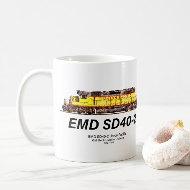 EMD SD40-2 Diesel Locomotive. Union Pacific Coffee Mug (With Donut)