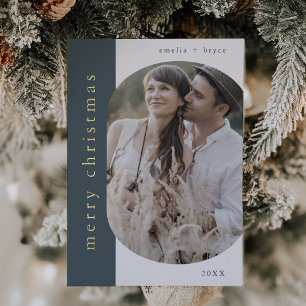 EMELIA Blue Gold Foil Oval Photo Merry Christmas Foil Holiday Card