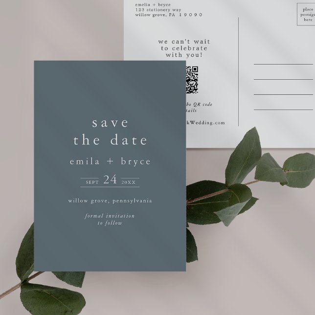 EMELIA Boho Navy Blue Simple Wedding Save the Date Invitation Postcard (EMELIA Boho Navy Blue Simple Wedding Save the Date Invitation Postcard)