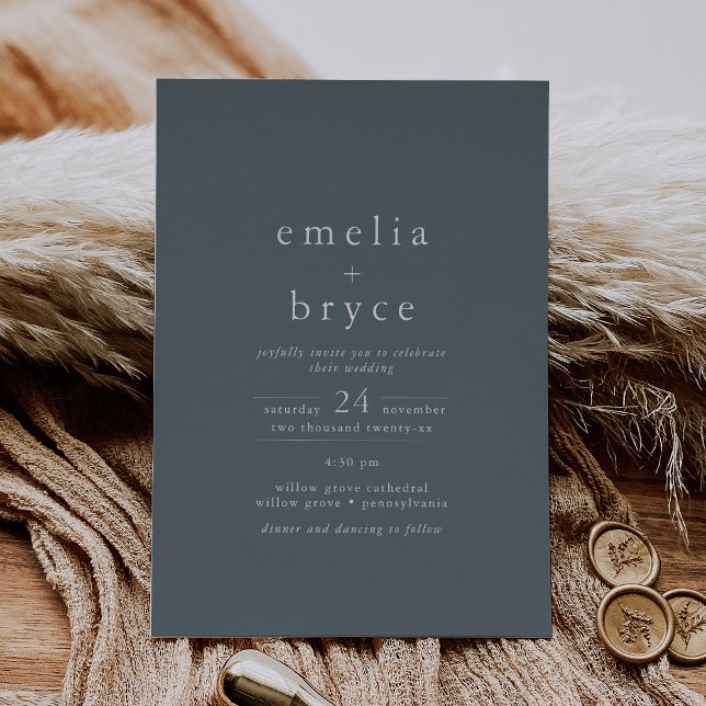 EMELIA Dark Blue Silver Foil Simple Boho Wedding (EMELIA Dark Blue Silver Foil Simple Boho Wedding Foil Invitation)