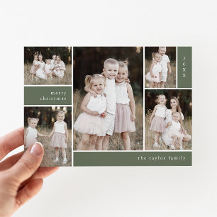 EMELIA Green Cute Modern Multi Photo Christmas Holiday Card
