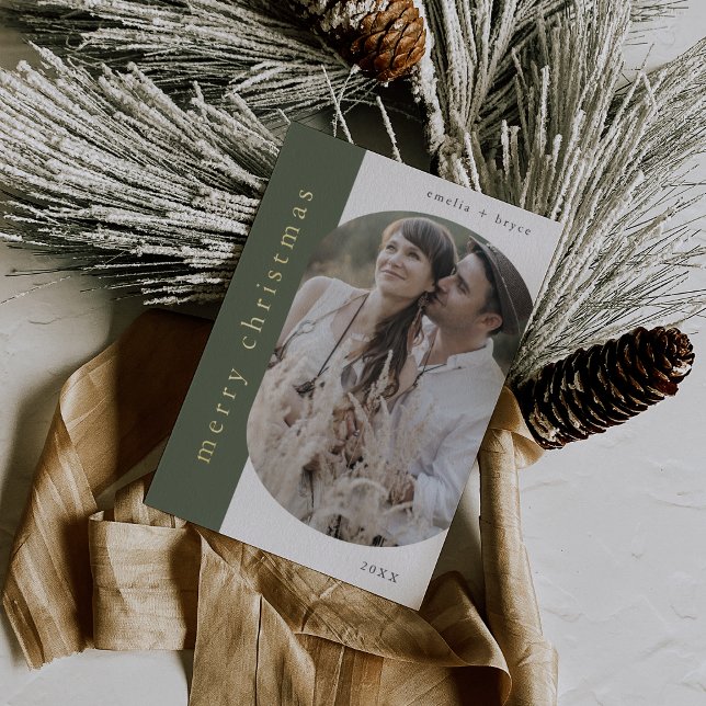 EMELIA Green Gold Foil Oval Photo Merry Christmas Foil Holiday Card (EMELIA Green Gold Foil Oval Photo Merry Christmas Foil Holiday Card)