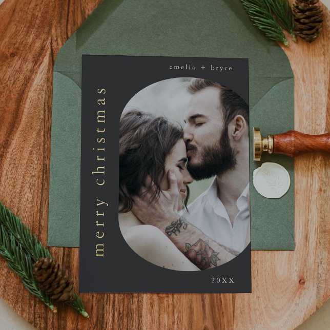 EMELIA Grey Gold Foil Photo Merry Christmas Foil Holiday Card (EMELIA Gray Gold Foil Photo Merry Christmas Foil Holiday Card)