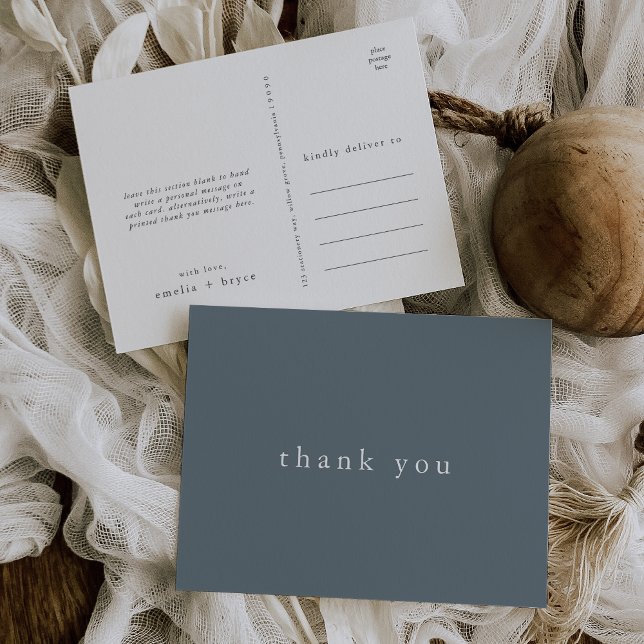EMELIA Minimal Dusty Blue Rustic Wedding Thank You Postcard (EMELIA Minimal Dusty Blue Rustic Wedding Thank You Postcard)