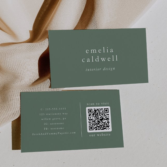 EMELIA Modern Sage Green Olive Boho Rustic QR Code Business Card (EMELIA Modern Sage Green Olive Boho Rustic QR Code Business Card)