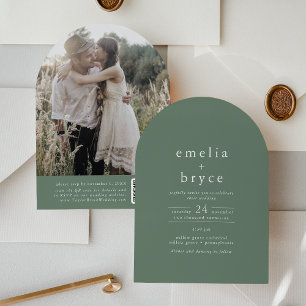 EMELIA QR Code Photo Arch Woodland Green Wedding Invitation