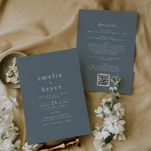 EMELIA QR Code Simple Boho Navy Dark Blue Wedding Invitation