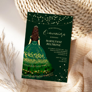 Emeral Green and Gold Princess Quinceañera Invitation
