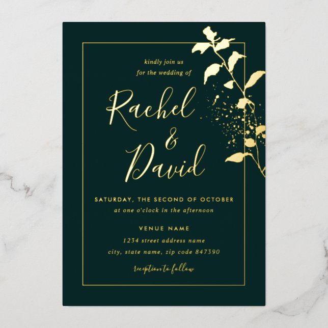 Emeral Green Gold Floral Wedding  Foil Invitation (Front)