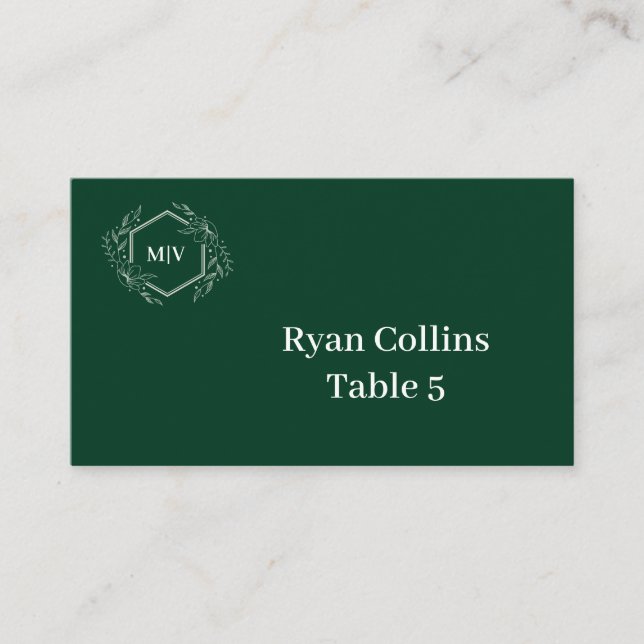 Emeral Green Monogram Crest Place Cards (Front)