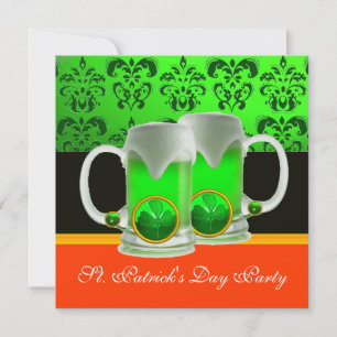 EMERAL GREEN WHITE DAMASK ,SHAMROCK ,Black Orange Invitation