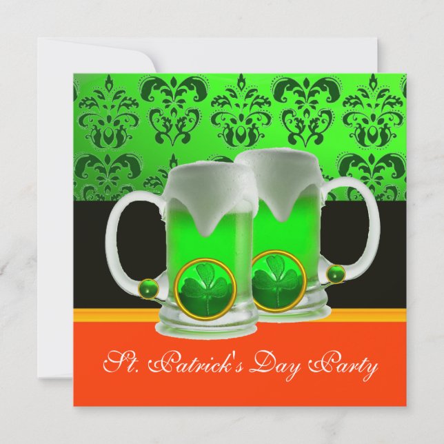 EMERAL GREEN WHITE  DAMASK ,SHAMROCK ,Black Orange Invitation (Front)