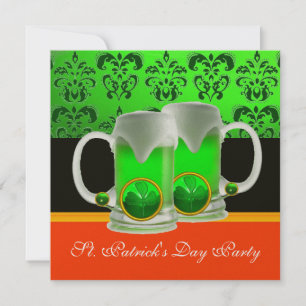 EMERAL GREEN WHITE  DAMASK ,SHAMROCK ,Black Orange Invitation