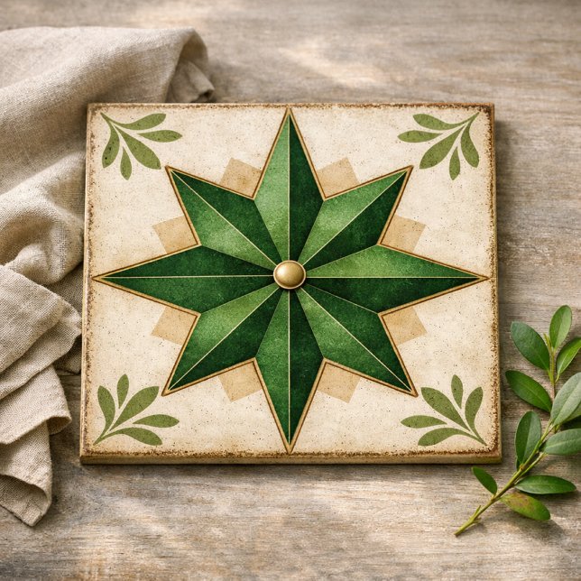 Emerald 8-point Star Faux Encaustic  Ceramic Tile (Creator Uploaded)